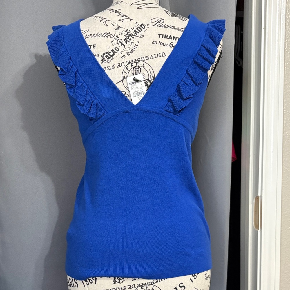 Express Royal Blue Lace-Up Ruffle Knit Tank - Picture 2 of 3